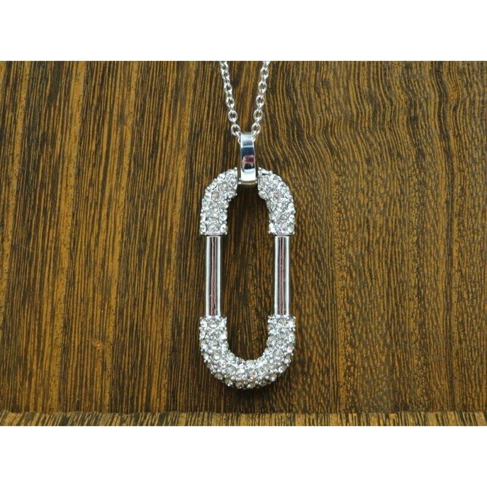ANN TAYLOR Womens Necklace Silver Chain Rhinestone Buckle Pendant 16"